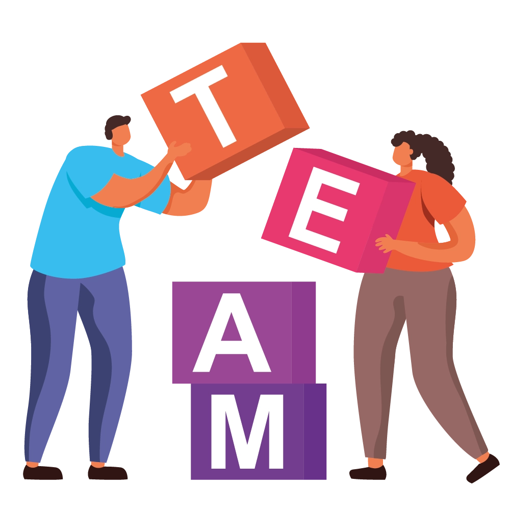 TEAM 2 personnages empilant des cubes formant le mot TEAM